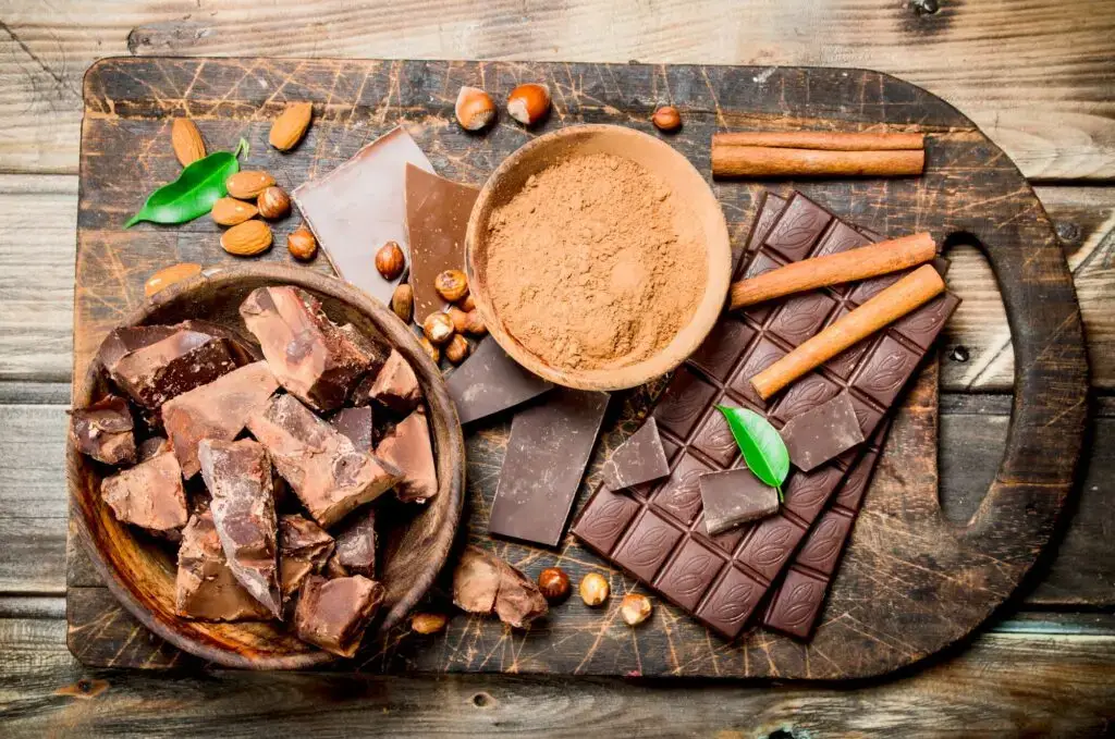 Chocolate background. Chocolate with cocoa powder and cinnamon.