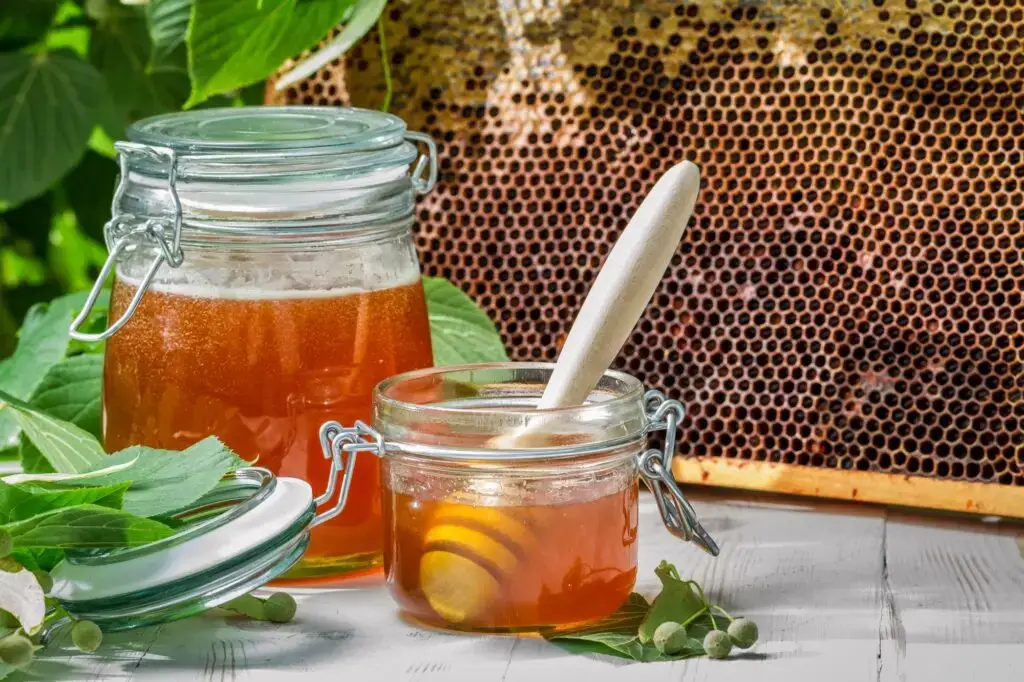 Closeup of honey in a jar and honeycomb